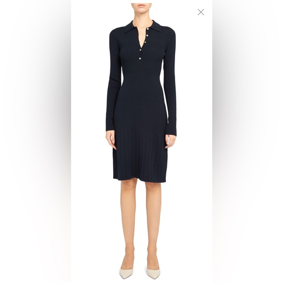 NWT Theory Navy Long Sleeve Rib Knit Polo Dress in Navy, size S - Picture 2 of 8